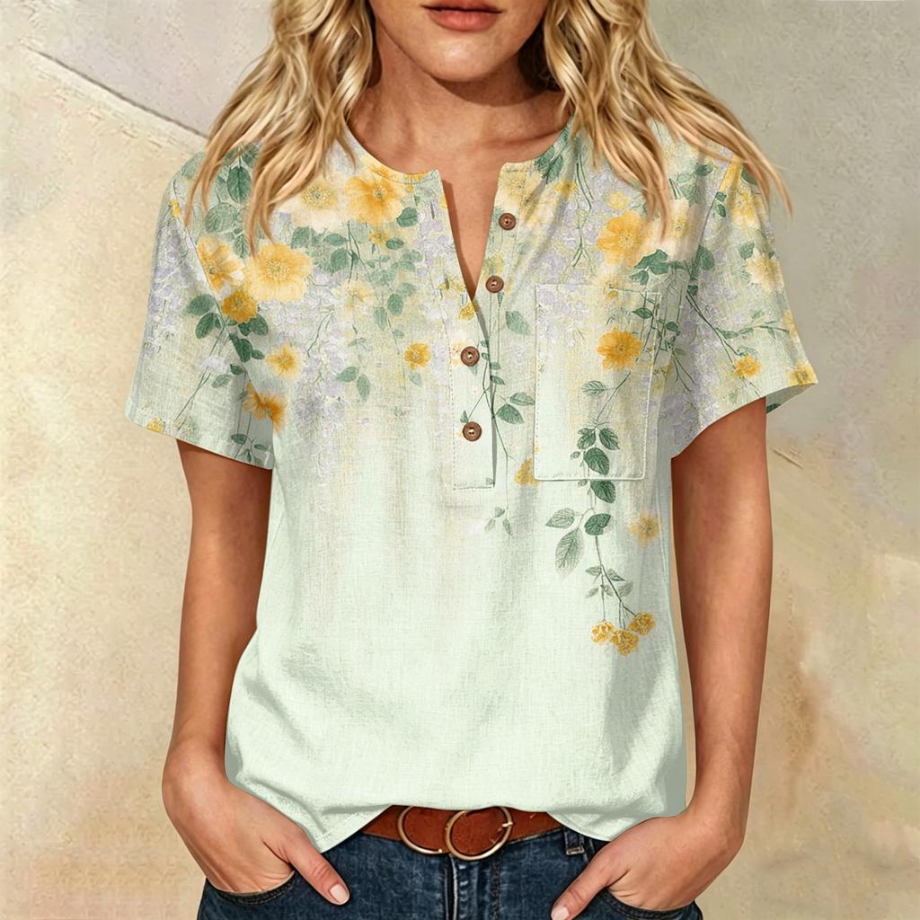 Damen Kurzarm Baumwoll-Leinenhemd mit Modischem Print Henley Knopfleiste und Brusttasche Lockerer Schnitt Lässiges Oberteil