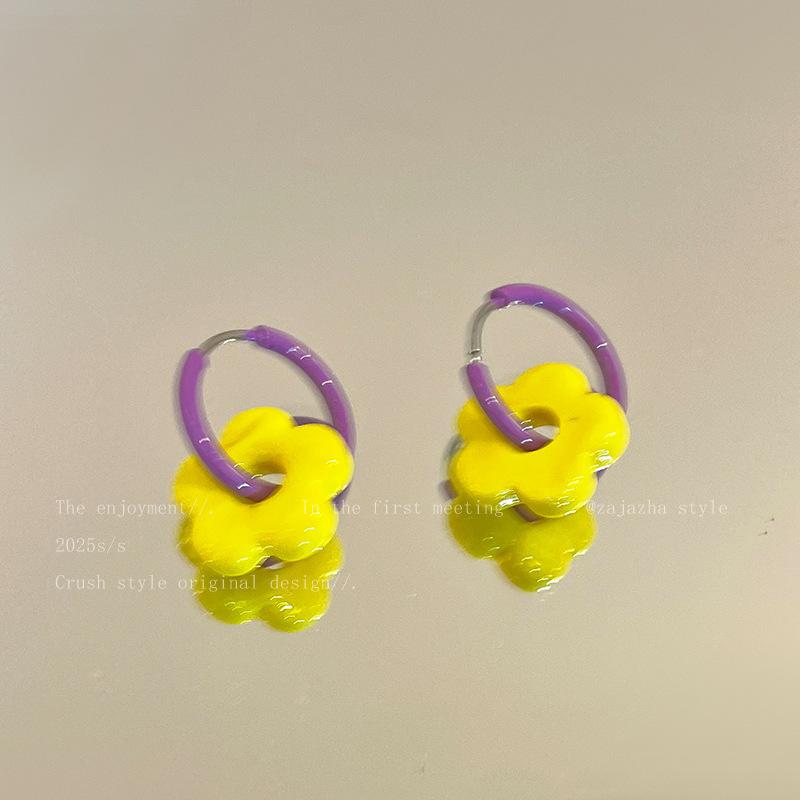 Silver needle dripping oil contrasting color flower stud earrings summer small fresh and sweet earrings dopamine fashion personality versatile earring