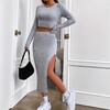 2025 Spring/Summer Women's Casual Slim-Fit Midi Skirt Set with Long Sleeves