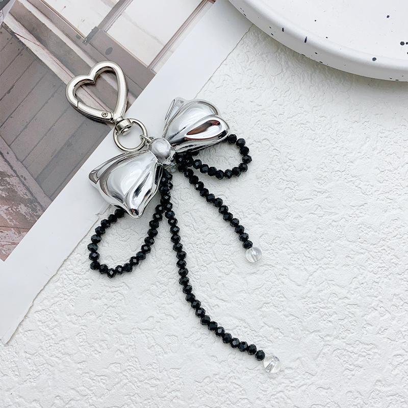 Y2K Korean Cute Beaded Pearl Bowknot Keychain for Women Girls Metal Bow Pendant Bag Decoration Car Interior Decor Accessories