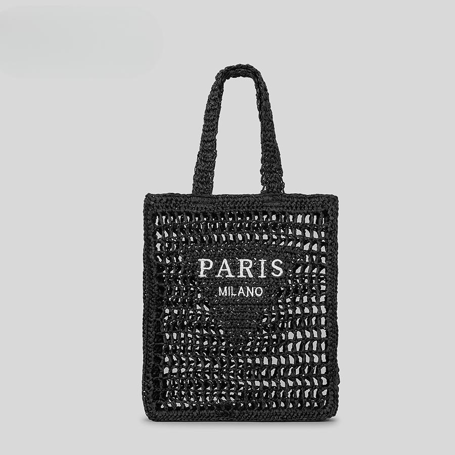 Pure Handmade Woven Handbag Women's Rustic Style Hollow Embroidery Letters Straw Bag Large Capacity Shoulder Bag