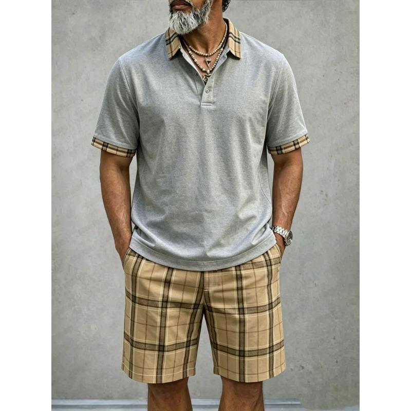 Men Casual Plaid Short Sleeve Polo Shirt And Shorts Outdoor Sports Set