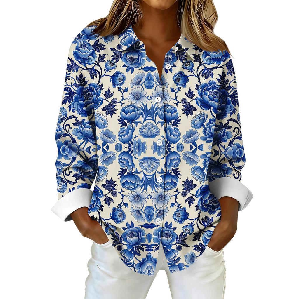 Women's Fashionable Casual Printed Long-Sleeved Button-Up Shirt