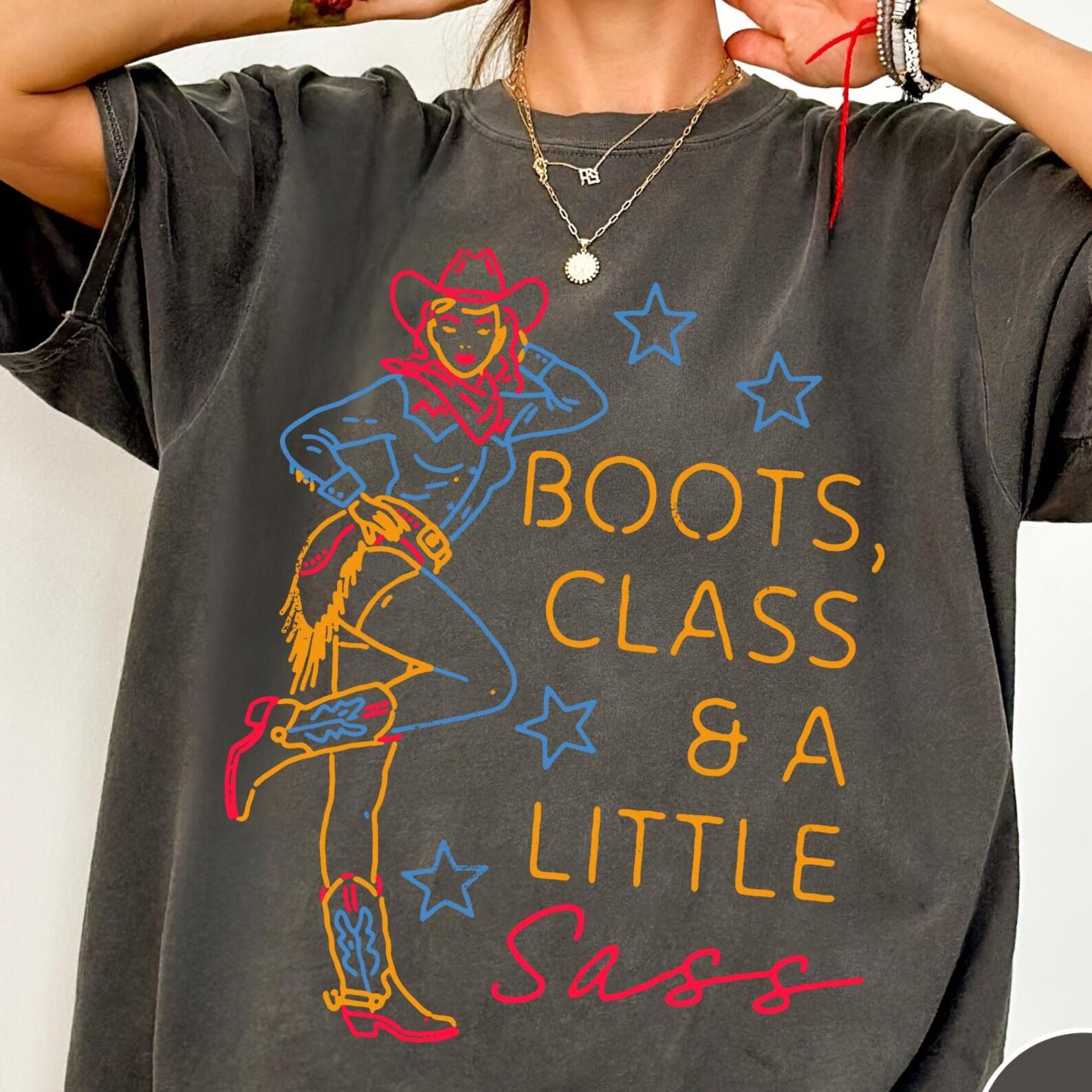 Retro Cowgirl Comfort Colors® Shirt, Boots Class and a Little Sass T-Shirt, Vintage Western Shirt, Country Western Aesthetic Oversized Tee M