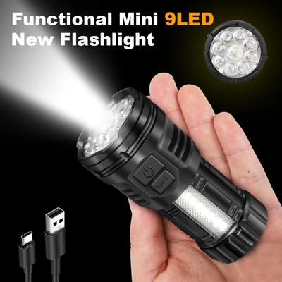 Latarka LED z 9 diodami LED o silnym świetle, ładowana przez TYPE-C, z lampą COB, przenośna latarka LED, outdoorowa do domu, na sytuacje awaryjne