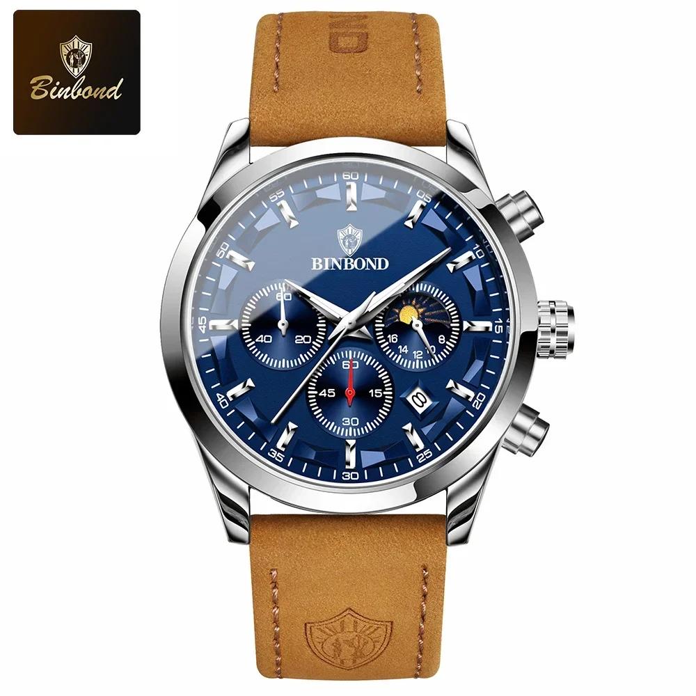 

BINBOND Sports Luxury Men Quartz Watch Waterproof Chronograph Luminous Date Man Wristwatch Business Leather Men s Watches Clock срібний/синій
