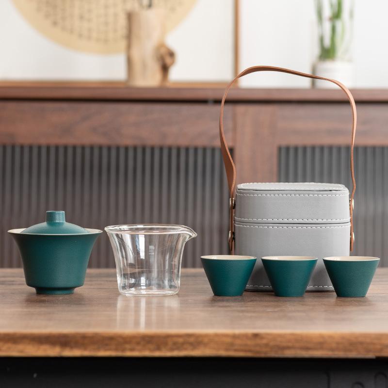 Light Luxury Travel Tea Set Cover Bowl Kuaike Three Cups Outdoor Portable Handbag High-end Ceramic Glass Tea Maker Gift