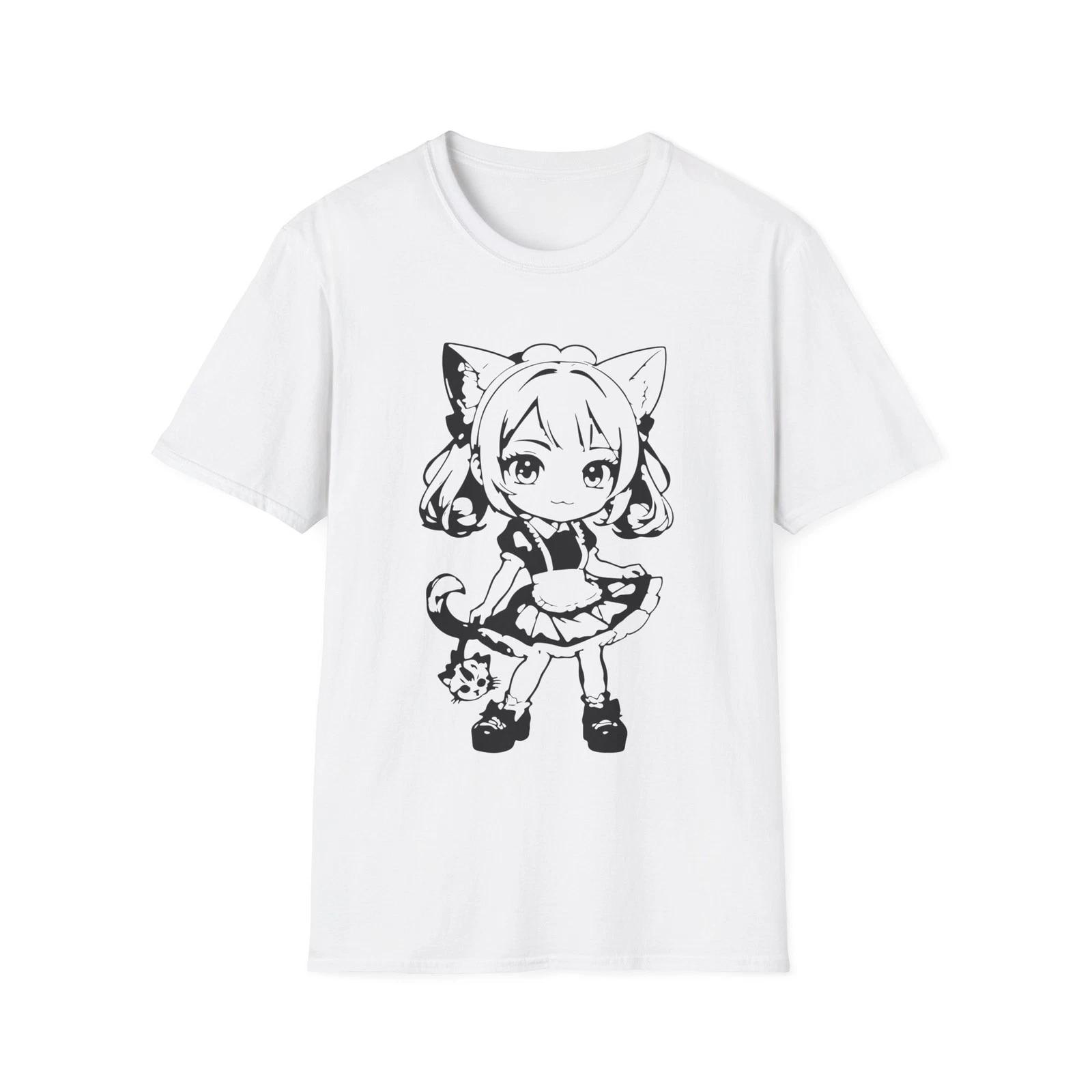 Chibi Catgirl Maid T-Shirt Kawaii Anime Character Soft Cotton Tee S