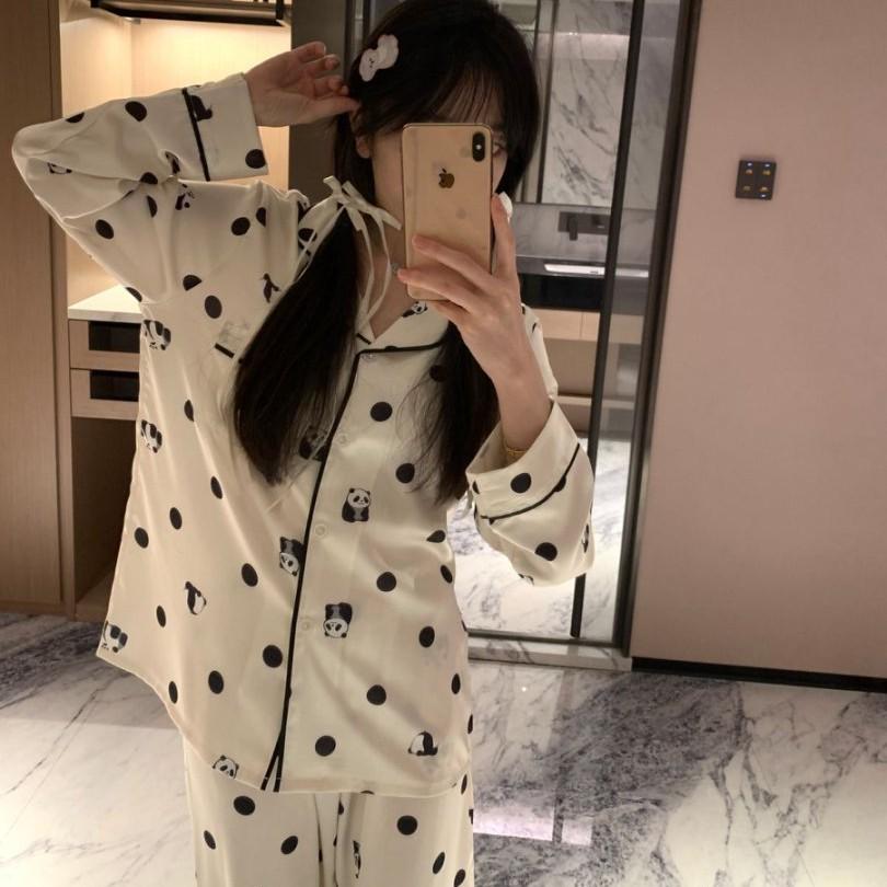 1011 New Pajamas Long-sleeved Trousers Women's Summer Cartoon Bear Hair Dot Sea Ice Silk Long-sleeved Trousers Pajamas Home