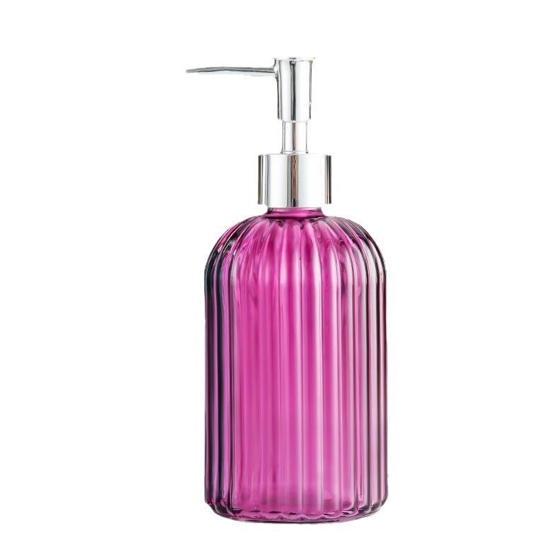 Vertical Stripe Colored Glass Hand Sanitizer Bottle, Transparent & 400 Ml, Press-Type Dispenser, High-Grade Design