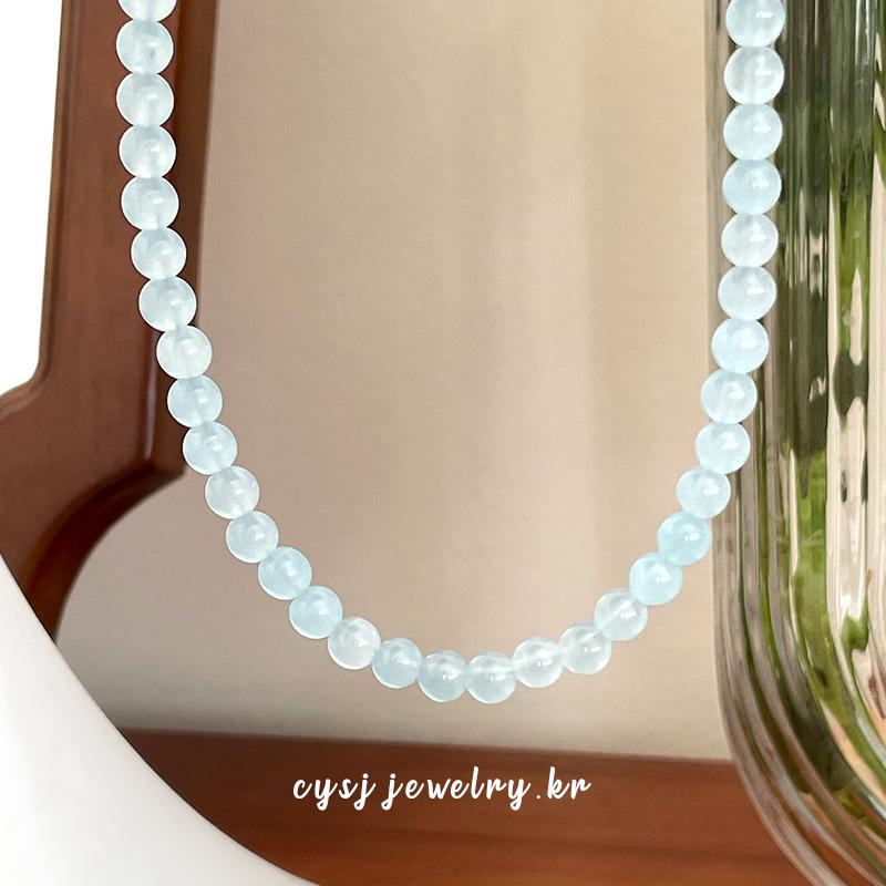 Cui Yan S925 Sterling Silver Aquamarine Beaded Choker Necklace for Women