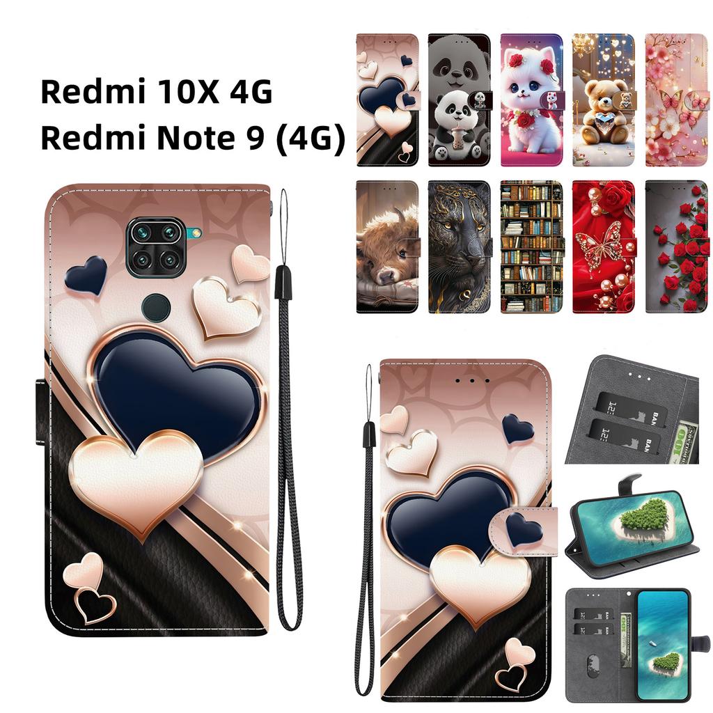 Handmade PU Leather Flip Case for Xiaomi Redmi 10X 4G/ Redmi Note 9 (4G) Anti-Slip Shockproof Cover with Wrist Strap & Heart/Rose Cat Designs