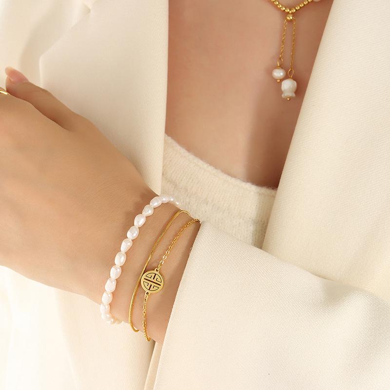 Chic Three-Layer Stackable Bracelet with Natural Freshwater Pearls and Fu Charm