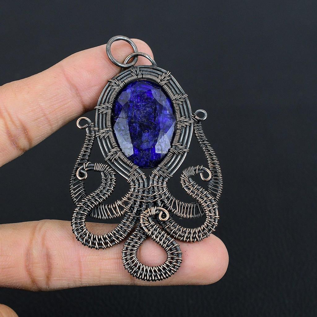 Blue Sapphire Pendant, Handmade Gemstone Pendant, 999 Copper Wire Wrapped Pendant Antique Jewelry, For Engagement Gift