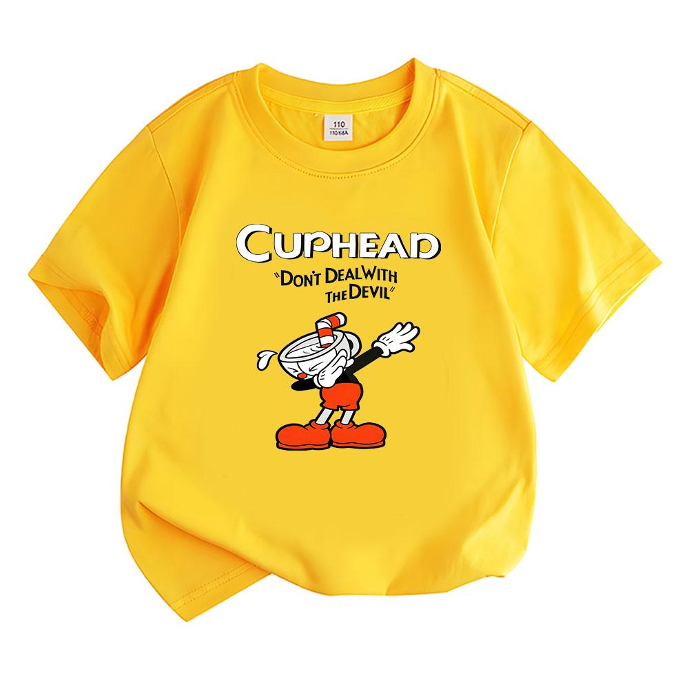 

2026 NEW Cuphead Cartoon Cotton 100% T-shirt Boys Girls Kids Clothing Tops Manga Comic Short Sleeves Sports Fashion Tees Toddler 160 жовтий