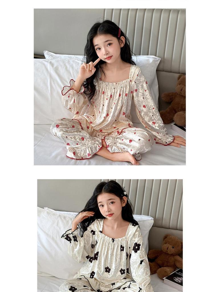 Czarny Piżamowy Zestaw z Złotego Weluru w Kwiaty dla Dziewczynek - Nowość Wiosna/Jesień 2025