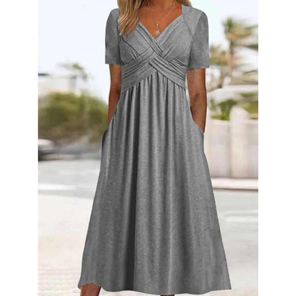 Fall New Women's Dress, Fashion Solid Color V-neck Short Sleeve Pocket Casual Dress for Women