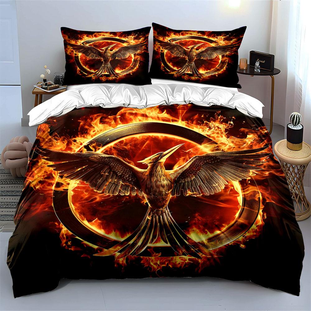 Fiery Flame Bedding Set Dark Burning Fire Bird Sci-Fi Symbol Print Duvet Cover Set Cool Bed Cover For Teen Boys Movie Fans