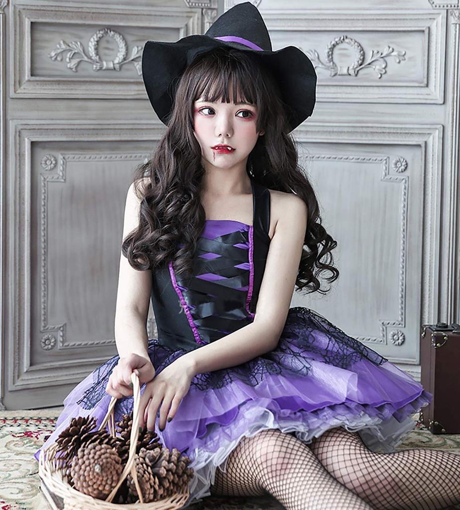 [Milky Time] Witch Halloween Cosplay with Hat, Gothic Lolita Dress, Sexy, Adult, Mini Dress, Purple