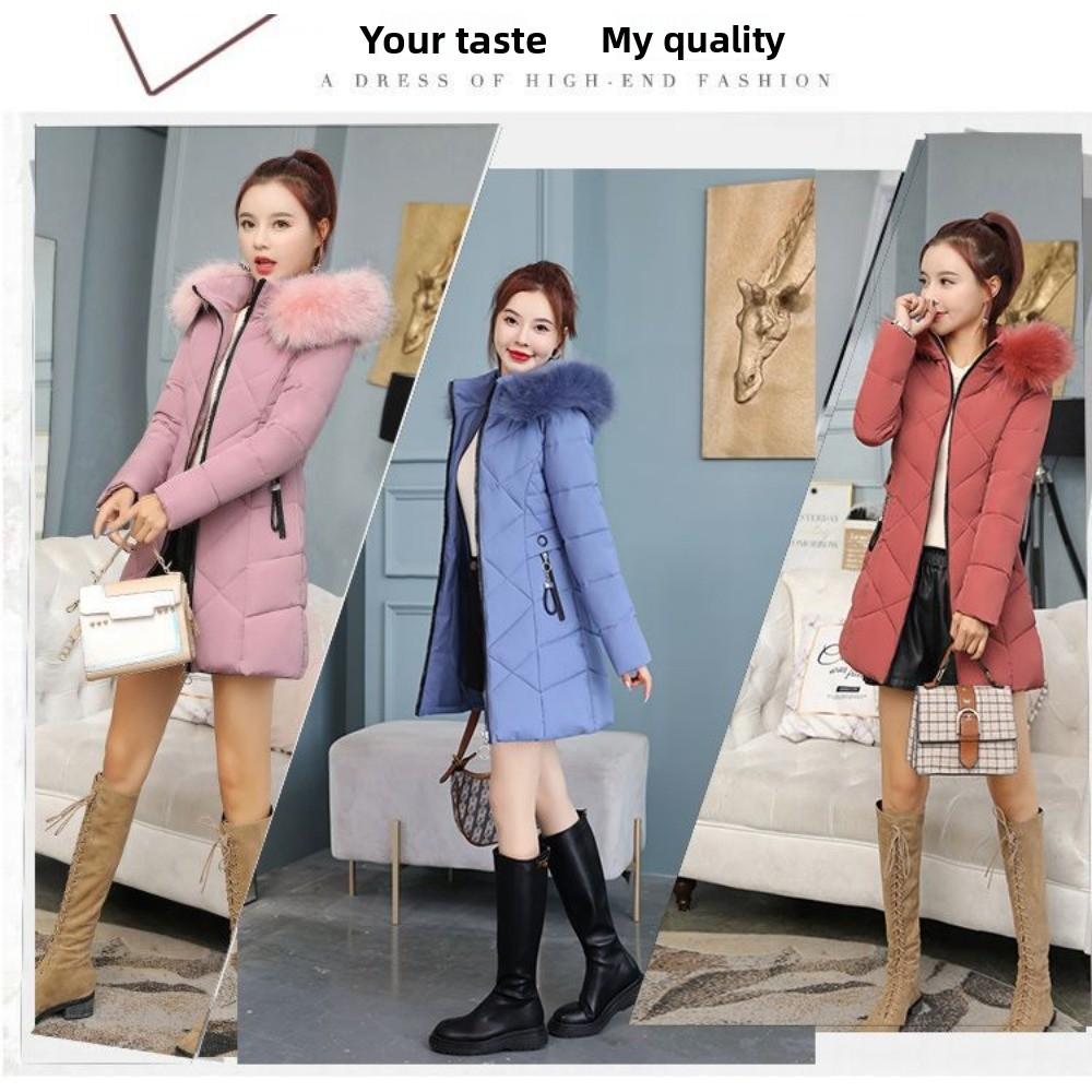 Dámské zimní oblečení úzkého střihu v zahraničním stylu s velkým kožešinovým límcem, středně dlouhé bavlněné oblečení, hromaděné a zahuštěné, teplé bundy, vatované oblečení