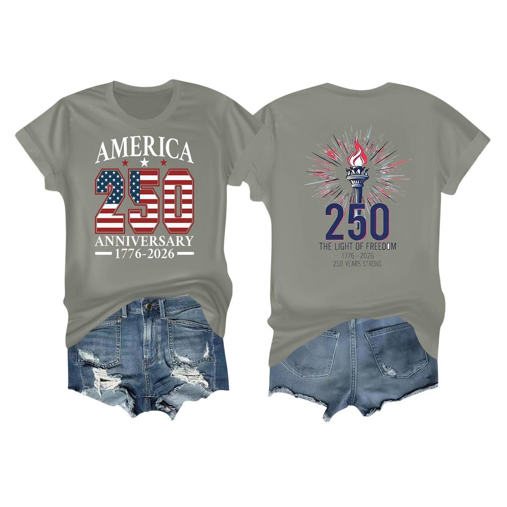 Women's Casual Independence Day 250 Anniversary Printed T-shirt Round Neck Pullover Short Sleeve Top
