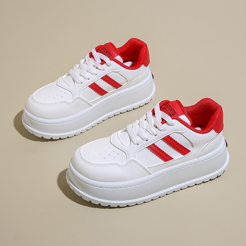 

Fashion Women s Sneakers 2024 Autumn Thick Soled White New Casual Shoes Mesh Breathable Lace Up Comfort Non Slip Stripe Skateboard Shoes 35 красный