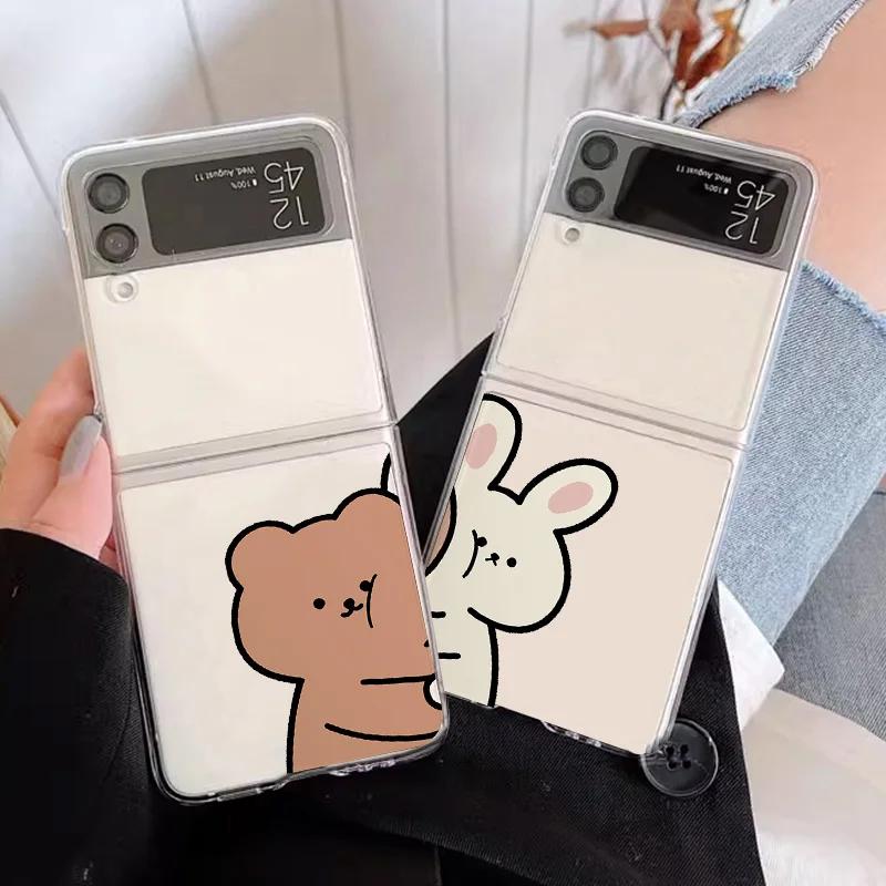Cute Bear Bunny Couple Paired Phone Case for Samsung Galaxy ZFlip 5 ZFlip6 Transaprent Clear Cover for Samsung ZFlip7 4 3 Fundas
