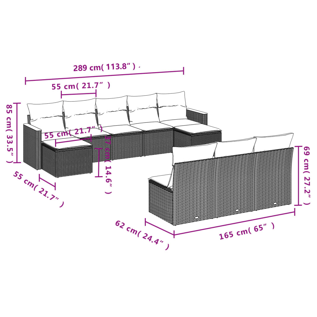 Vidaxl 10-Cz. Garten-Sitzgruppe, Kissen Schwarzer Rattan Pe