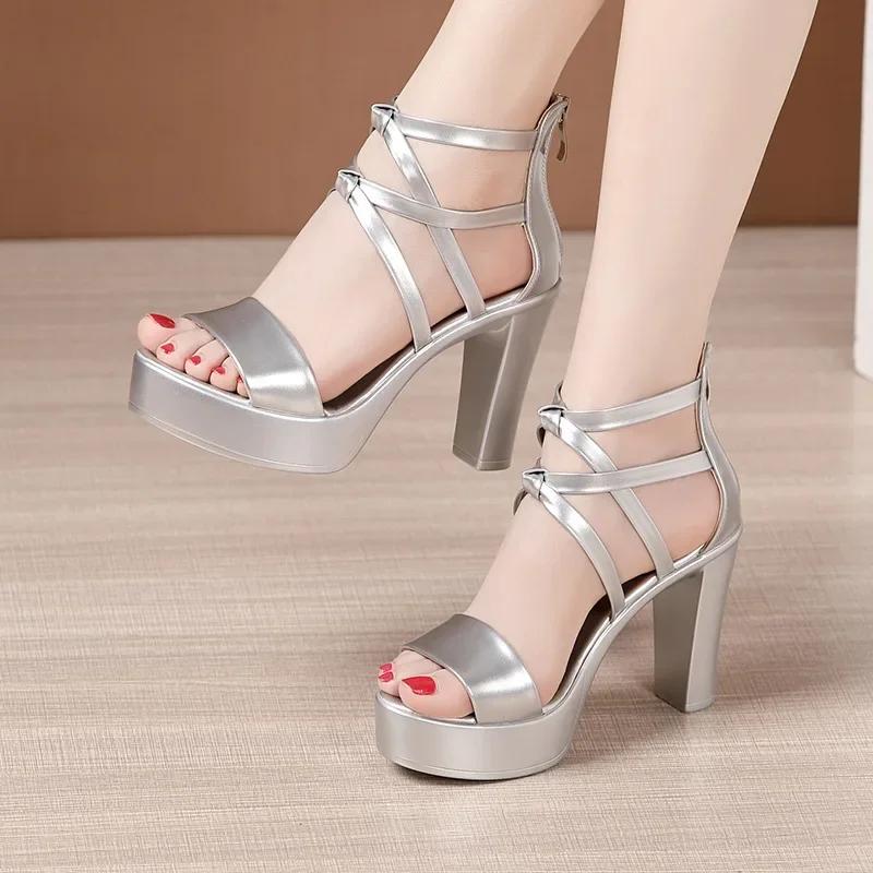 10cm Small Size 32-43 Summer Elegant Bright Leather Gladiator Sandals Platform Shoes 2025 Womens Block High Heels Sandals Dress
