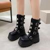 Womens Boots Metal Belt Buckle Design Women Mid-Calf Boots Luxury Casual Leather Boot Height Increasing Platform Boots For Women