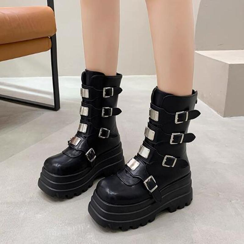 Womens Boots Metal Belt Buckle Design Women Mid-Calf Boots Luxury Casual Leather Boot Height Increasing Platform Boots For Women