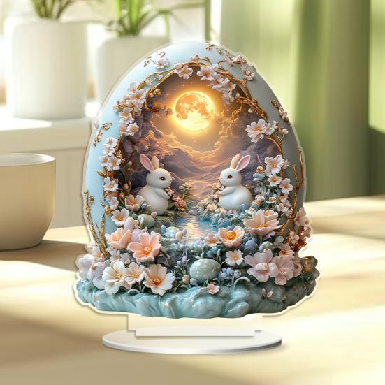 Easter Bunny Table Sign 2D Flat Acrylic Bunny Egg Desktop Ornament Spring Tabletop Centerpiece for Home Corner Fireplace Decor
