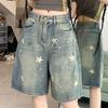 GlowGirl GlowGirl Amerikanischer Stil Vintage Damen Kurze Jeans Hoher Bund Gewaschen Weiter Bein Denim Hose Damen Mode Do Old Star Knielange Shorts