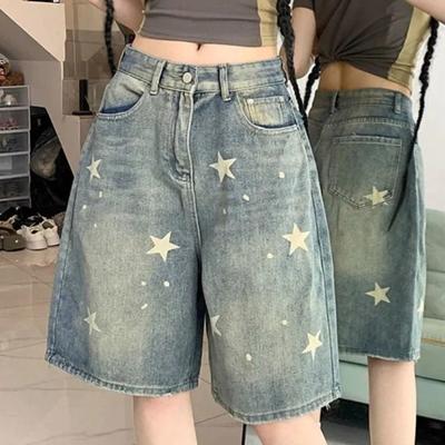 GlowGirl GlowGirl American Style Vintage Women's Short Jeans High Waisted Washed Wide Leg Denim Pants Woman Fashion Do Old Star Knee Length Shorts