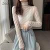 Women's Semi Turtle Neck Lace Top Long Sleeve See-Through Blouse QT1991