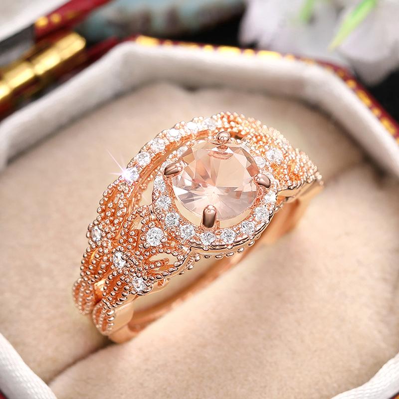 Huitan Luxury Rose Gold Color 2Pcs Rings Set for Women Champagne Cubic Zirconia Elegant Lady's Accessories Wedding Party Jewelry