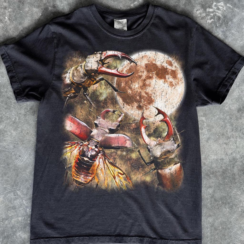 Stag Beetle Moon Grunge Graphic T-Shirt, Dark Academia Insect Tee