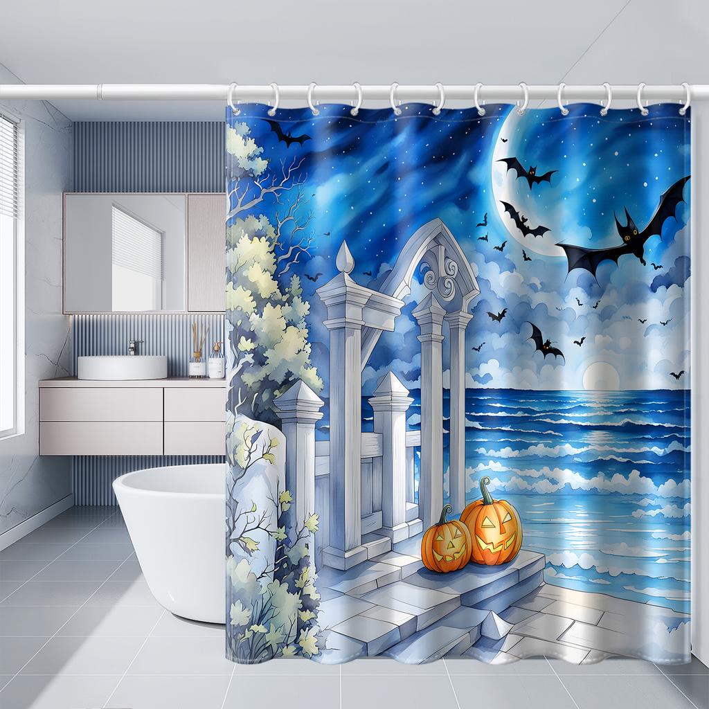 1pc Simulated Window Pumpkin Tree Halloween Bat Shower Curtain with Plastic Hooks, Decorated In Autumn and Winter Style