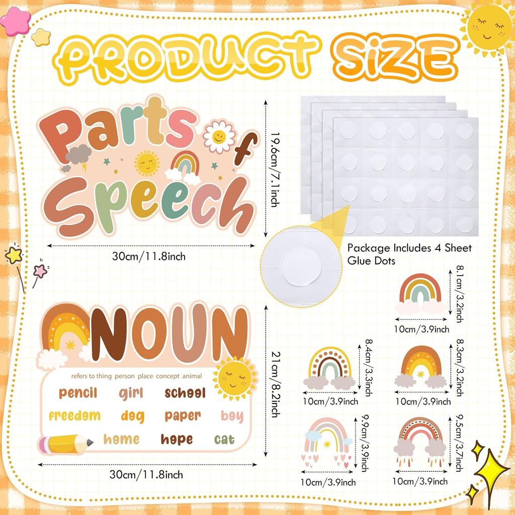 Sherr 26 Pcs Parts of Speech Posters for Classroom Boho Grammar Posters Educational English Bulletin Board Set for Student Elementary Middle High