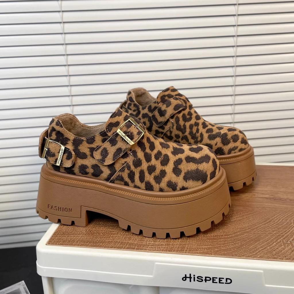 Women Leopard Loafers Shoes Platform Fur Snow Boots Winter Suede Plush High Heels Shoes 2025 Trend Casual Fashion Botas Mujer