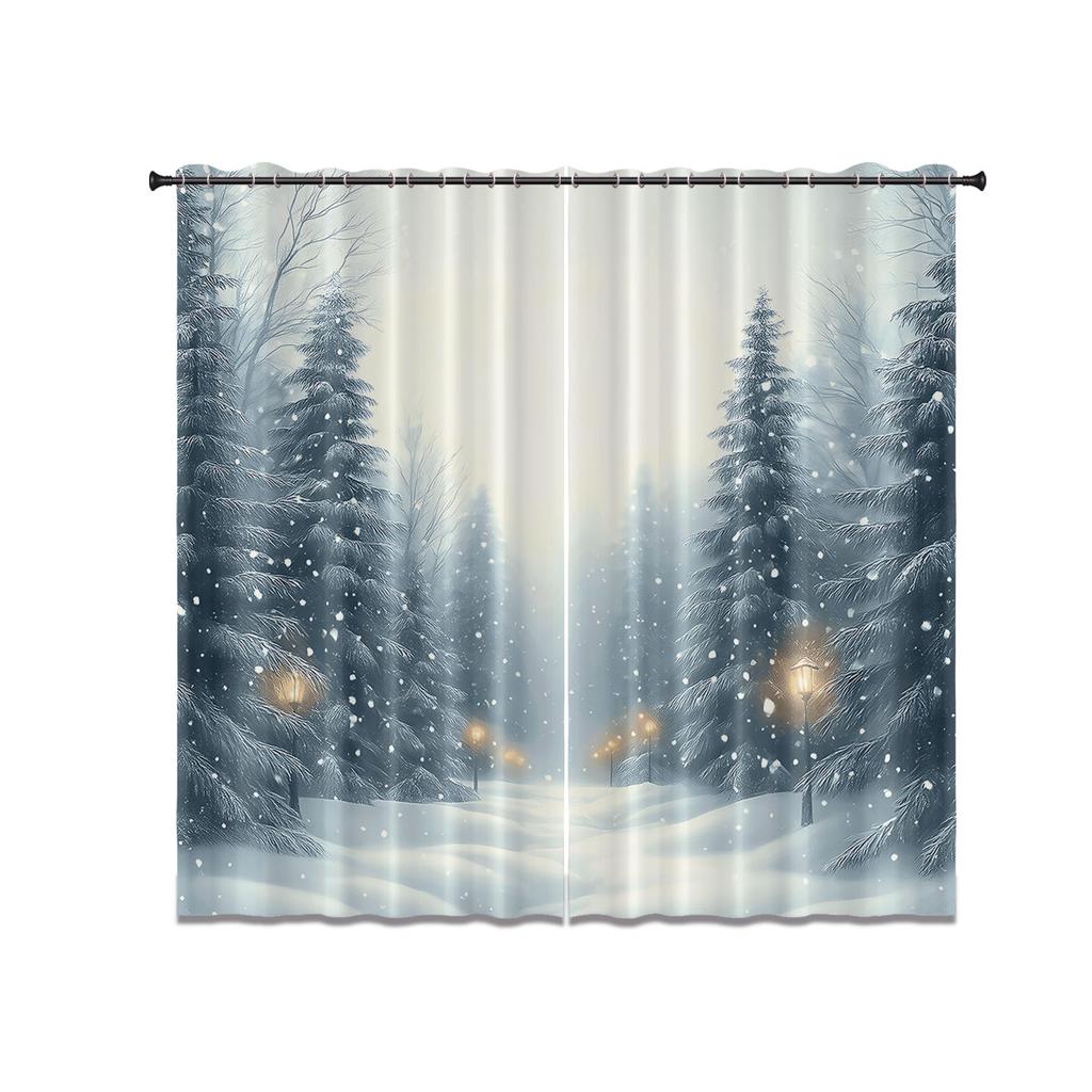 Set Of 2 Winter Christmas Snowy Forest Printed Shade Curtains Insulation Multi Size Living Room Holiday Decoration Curtain Polyester Machine Washable