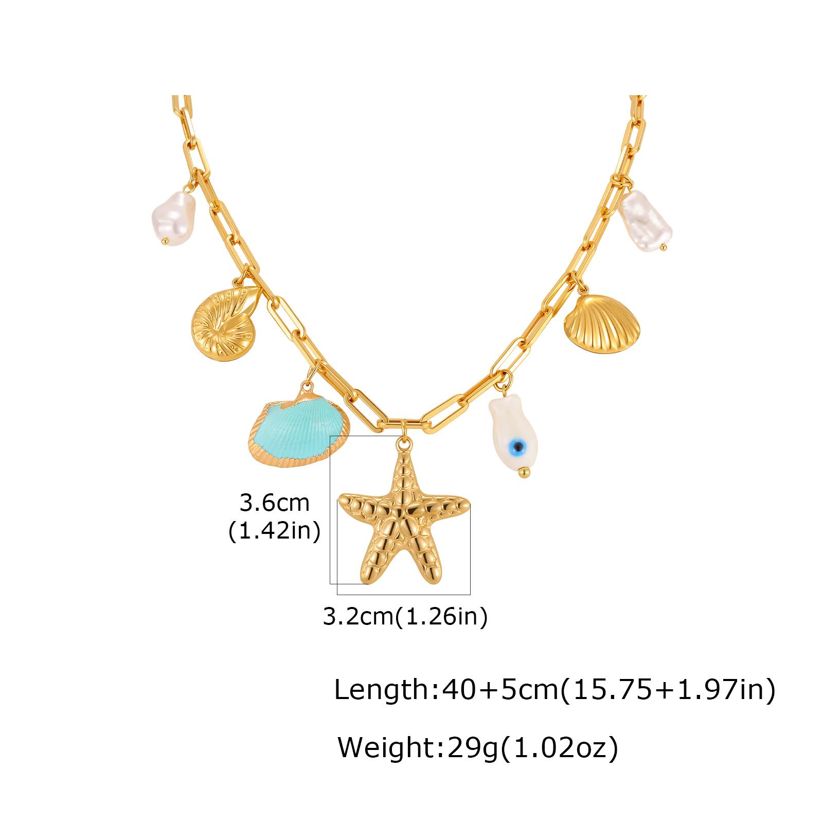 

Imitation Pearl Conch Shell Starfish Fish Pendant Necklace for Women, Stainless Steel Square Chain Necklace, Ocean Style Jewelry 2mm width