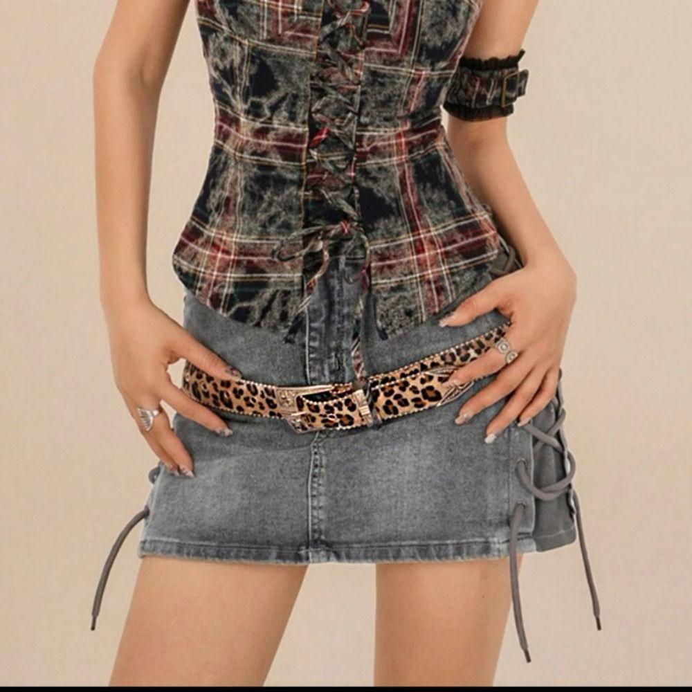 Zinc Zinc Alloy Carved Buckle Belt Y2K PU Vintage Waistband Leopard Print Belt  Clothing Accessories