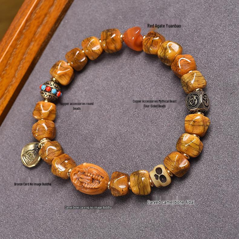 Buddhistisches Gebetsperlenarmband aus tibetischem Yakknochen und Passionsfruchtsamen