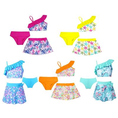 Kids Girls 3 Piece Asymmetric Swim Set Ruffle Trim Floral Print Crop Tops Skirt Briefs Beach Pool Bathing Suit