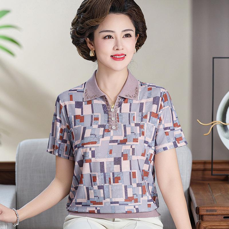 

Mulberry Silk Short-Sleeve T-Shirt for Middle-Aged and Elderly Women - Summer Top 5XL (Recommended 150-165 jin) синій