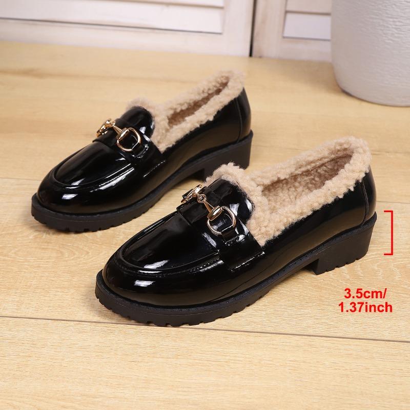 Women's Autumn British Style Leather Shoes - Low-Medium Heel, Fleece-Lined, Versatile