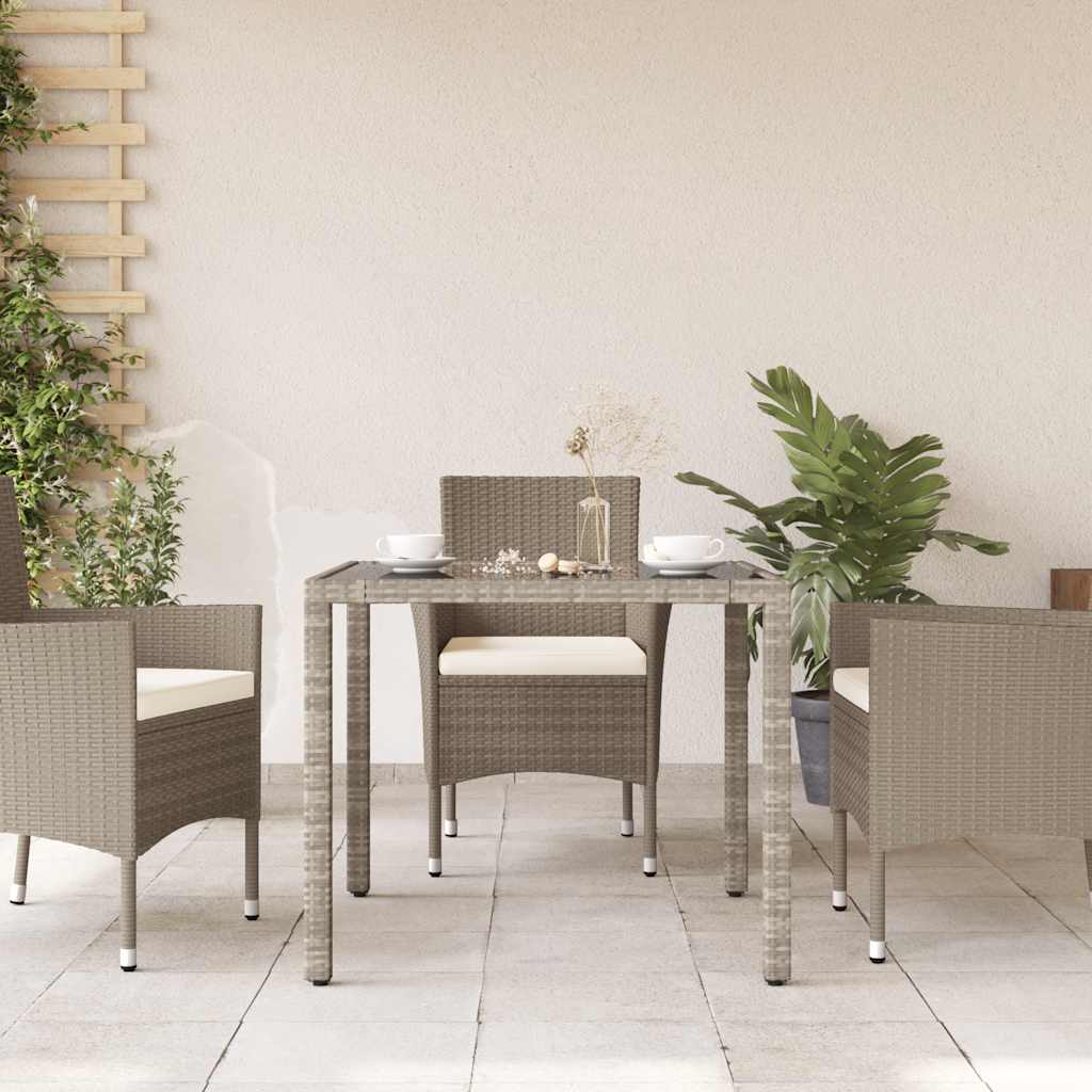 Garden Table with Glass Top Light Grey 90x90x75 Cm Poly Rattan