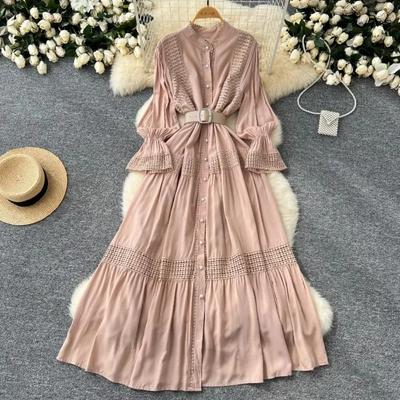 Schickes Spitzen-Slim-Stehkragen-Langarm-Spleiß-Einreiher-Kleid High Street Vintage Abend Damen Herbst Winter Kleidung