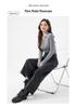 Women's High-Waisted Black-Grey Wool Blend Wide-Leg Trousers, Plus Size, Autumn/Winter